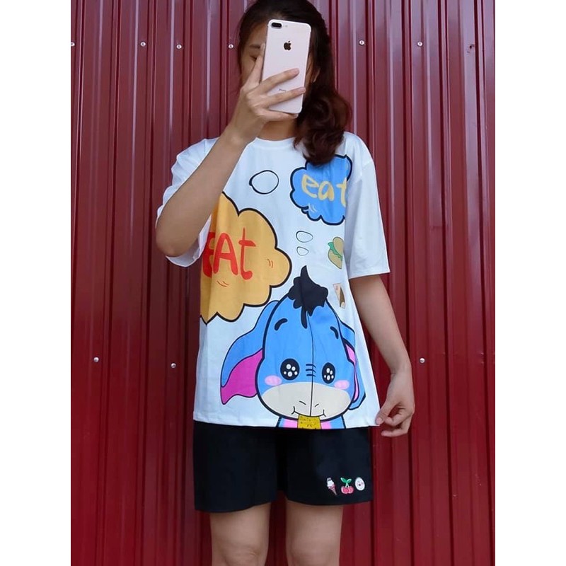 [ Rẻ Vô Địch ] Set Quần Đùi Kaki + Áo Cotton Tay Lỡ Unisex Lừa Cute ( Ảnh shop chụp thật )