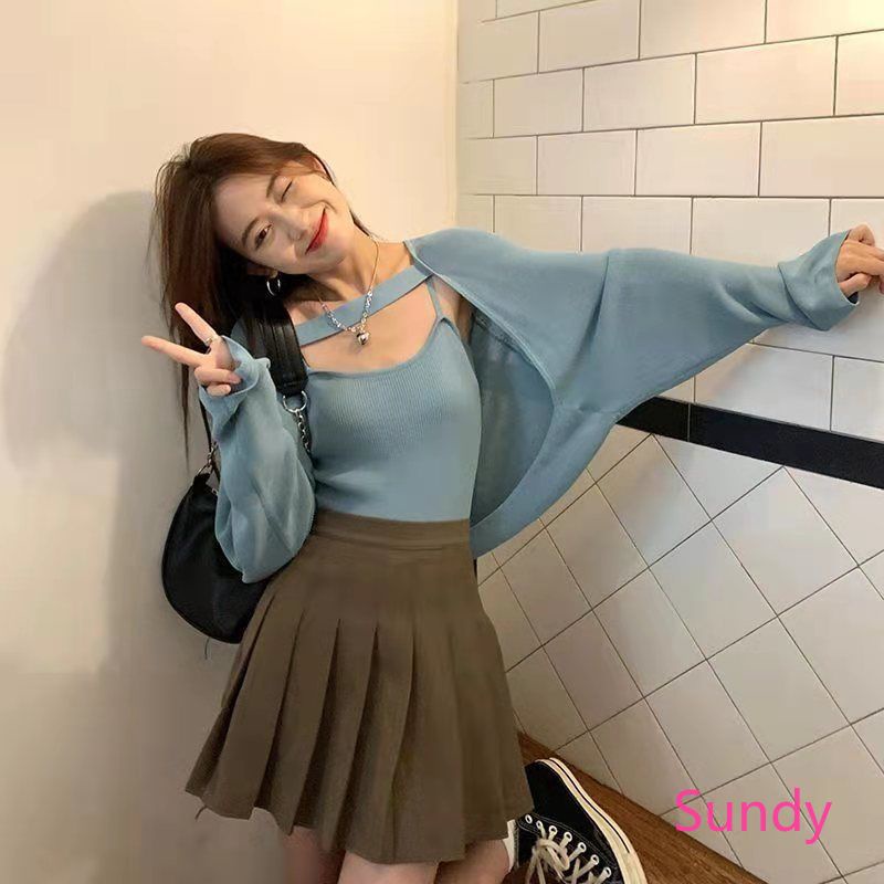 Set Áo Hai Dây Dệt Kim + Áo Khoác Cardigan Thời Trang Mùa Thu Phong Cách Hàn Quốc Cho Nữ