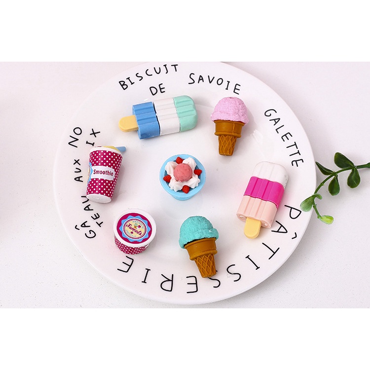 Set gôm tẩy bút chì học sinh hình que kem, bánh cupcake dễ thương cute