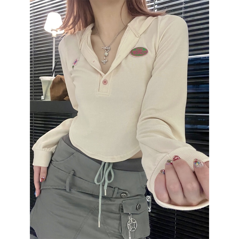 Áo Hoodie Ngắn Mỏng Tay Dài Thiết Kế Không Đều Phong Cách retro Mỹ Mùa Thu Dành Cho Bạn Nữ