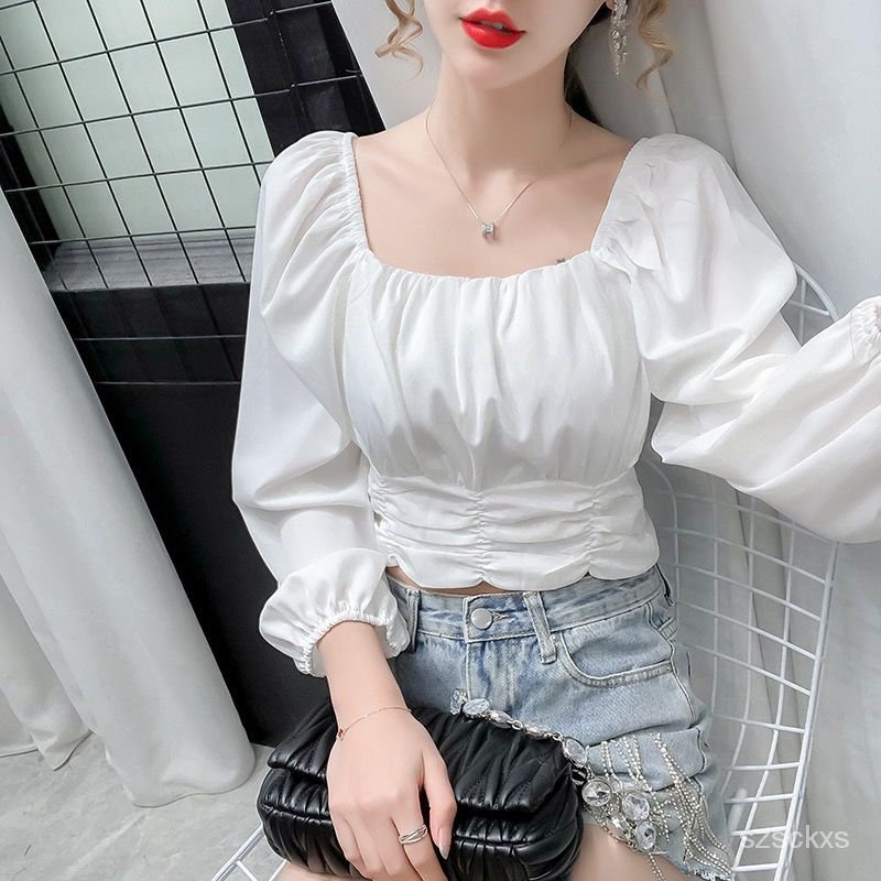 Áo Sơ Mi Tay Dài Phồng Cổ Vuông Lưng Cao Dáng Ôm Thời Trang Xuân Thu Xinh Xắn Cho Nữ