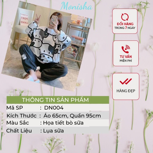 Bộ ngủ nữ dài tay họa tiết Bò sữa, Bộ mặc nhà cute DN04
