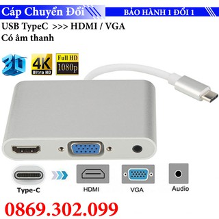 Hub USB Type C ra HDMI 4K & VGA có âm thanh cho Macbook - USB Type C to VGA HDMI 4K UHD with Audio 3.5mm