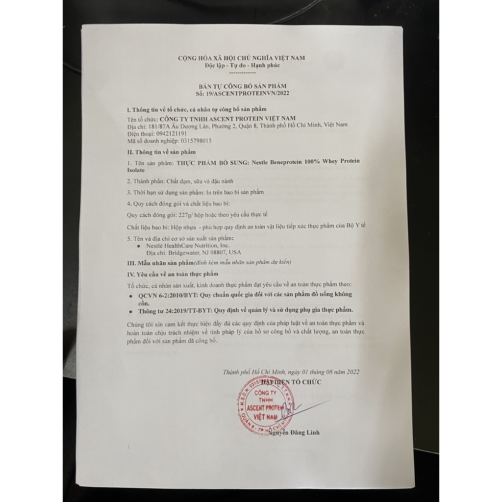 Nestle Beneprotein 100% Whey Protein Isolate : Hàng nhập khẩu USA