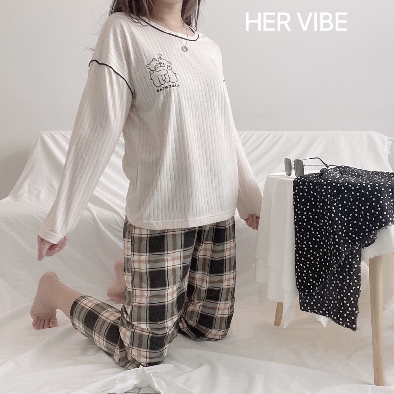 Pijama nữ dài tay thu đông mềm mại, Đồ bộ nữ mặc nhà dễ thương mềm mại nhiều màu Her Vibe