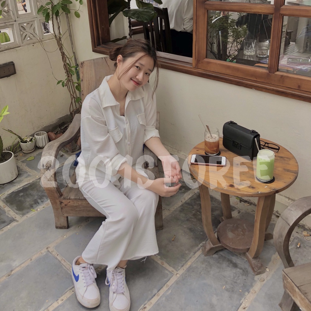 Set đồ nữ, Set áo sơ mi đũi trắng mix quần suông trắng xinh xuất sắc [Ảnh thật]