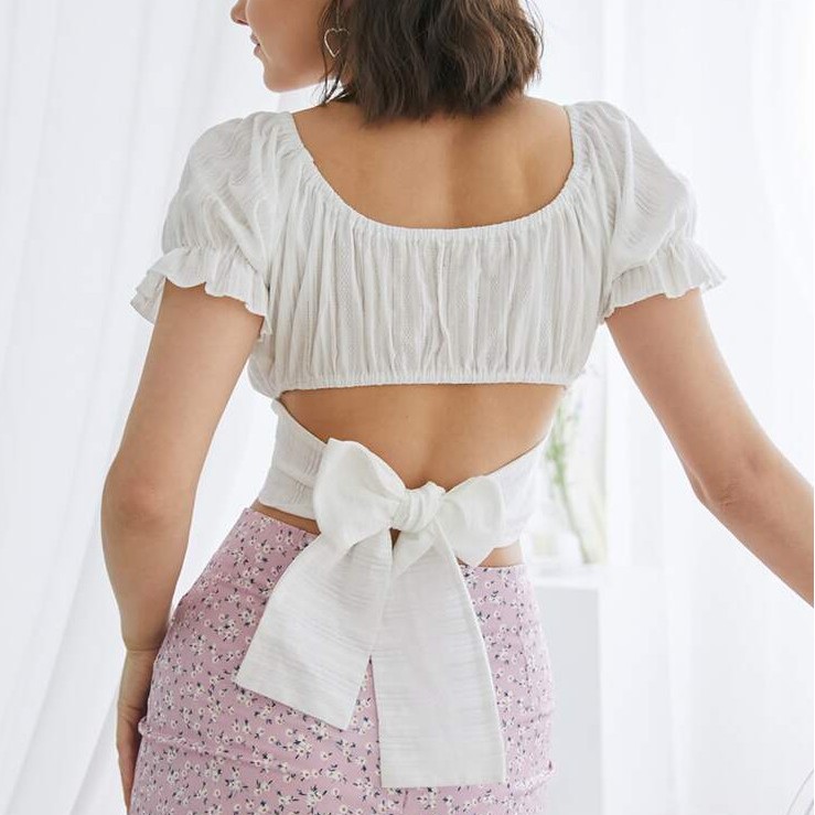 |Hàng May Kĩ| Áo Croptop Cột Nơ Cutout Lưng Sexy Tay Phồng Vải Xô Thêu Siêu Xinh