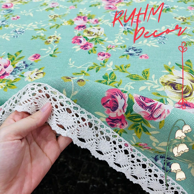 Khăn trải bàn làm việc vải bố canvas trang trọng, lịch sự - họa tiết Hoa xanh vintage - KB-K04