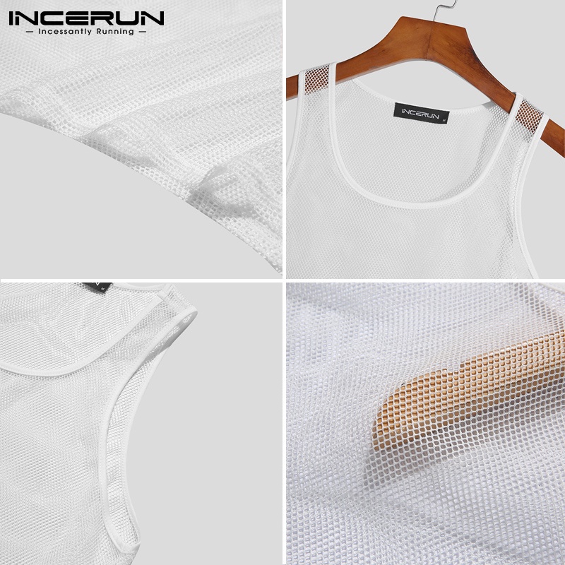 Áo tank top INCERUN cổ tròn không tay lưới xuyên thấu bất đối xứng cho nam