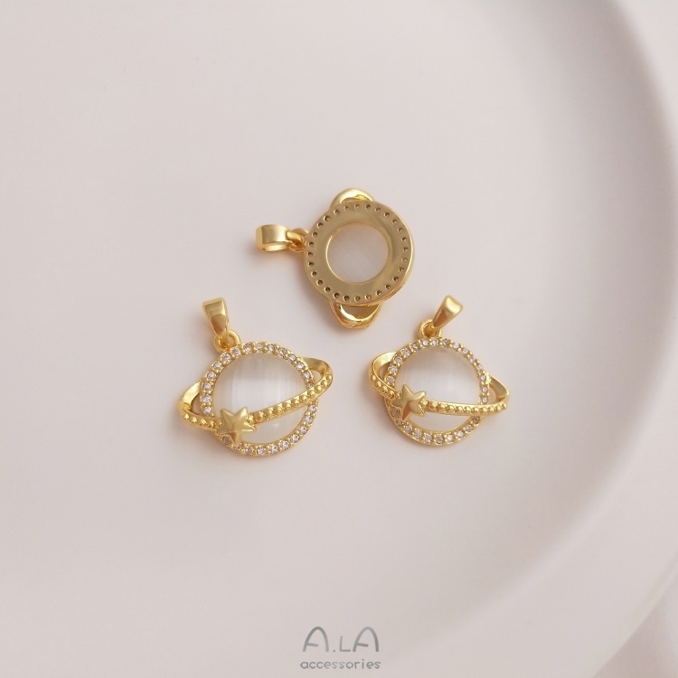 Mặt Dây Chuyền/Móc Khóa Hình Bầu Dục Đính Đá Zircon Mắt Mèo Bằng Đồng Mạ Vàng 18K diy