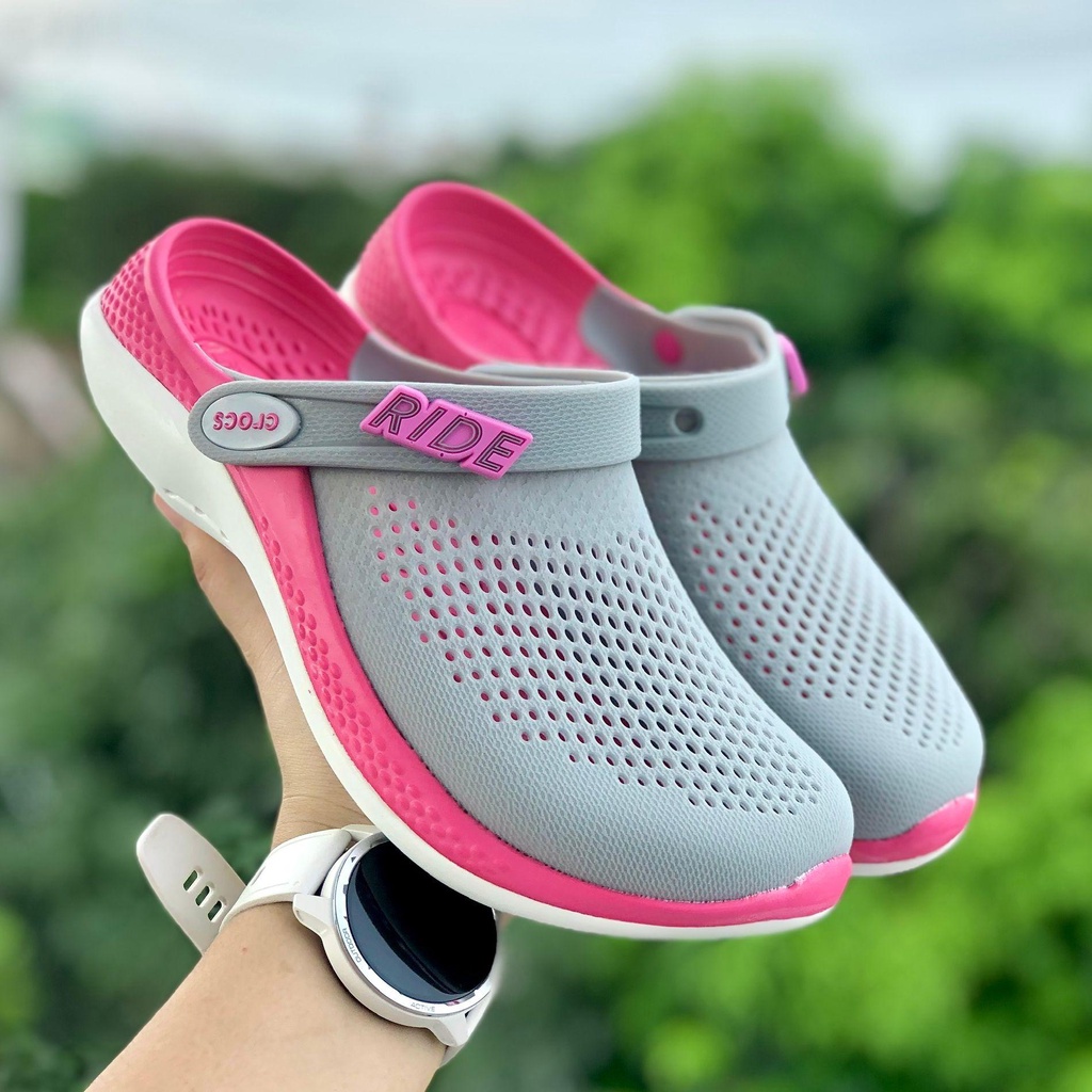 Dép Cross Literide 360 🎁 FREESHIP + Hàng loại 1 + Hộp 🎁 giày sục sandal Crocs quai ngang bít đầu nam nữ, Xám lót hồng