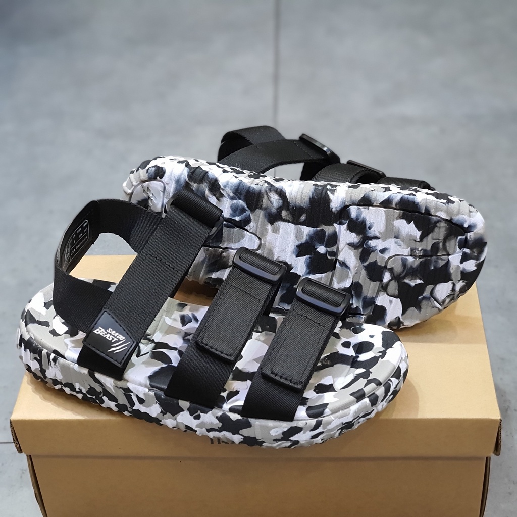 Sandal Saado chính hãng 3 quai BEAST BE05 màu đen rằn ri Inky Camo, Dép quai sau nam nữ đế yezi quai ngang