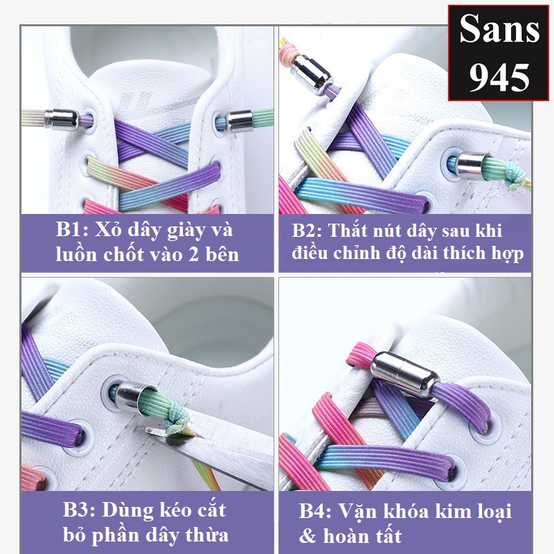 Dây giày thông minh không cần buộc Sans945 co giãn bản dẹt cho giày thể thao sneaker nam nữ nhiều màu trắng đen xanh xám