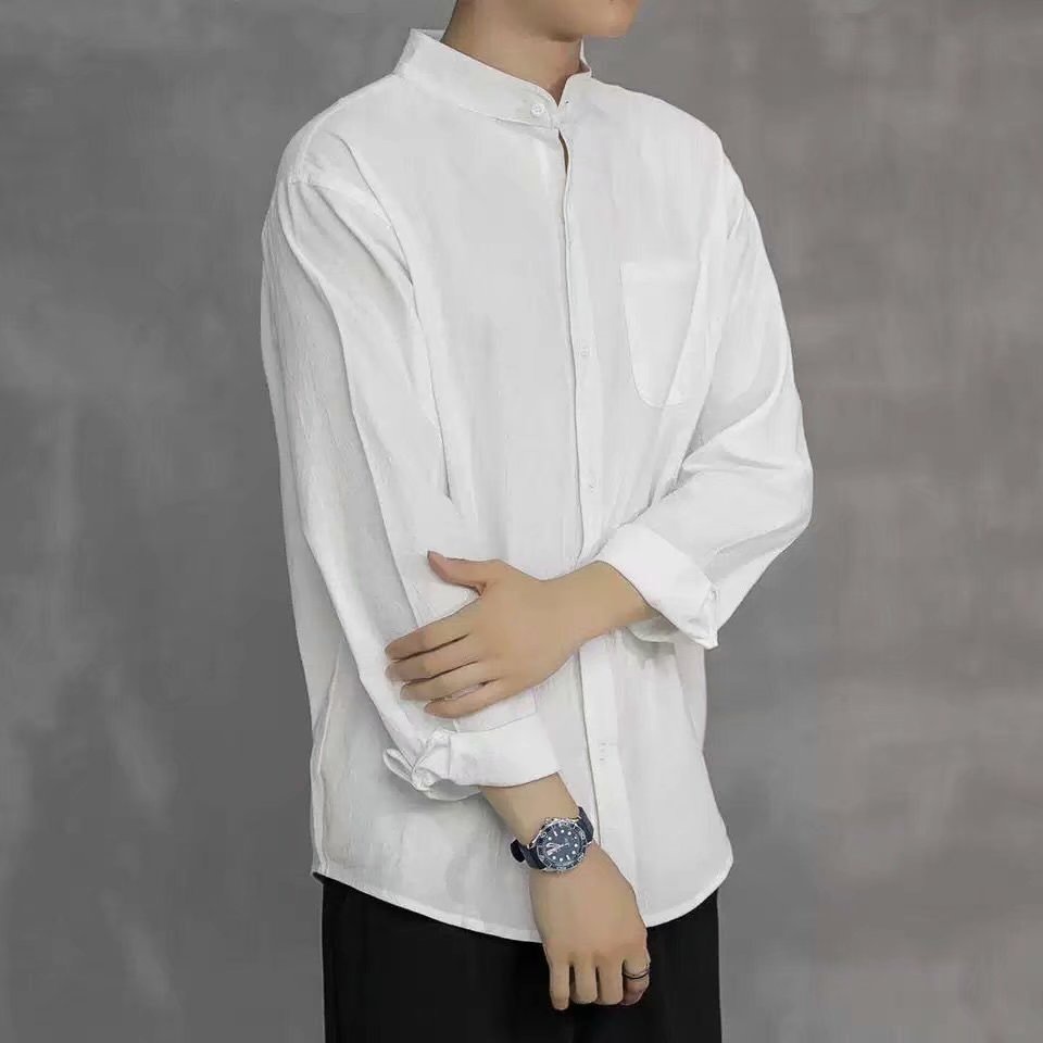 Áo Sơ Mi Tay Dài Cổ Đứng Bằng Vải Lanh Cotton Màu Trơn Phong Cách Harajuku Nhật Bản Đơn Giản