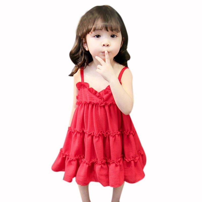 Đầm hai dây màu trơn xếp nếp đáng yêu cho bé gái