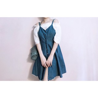 Đầm 2 dây denim xoè nút bóp
