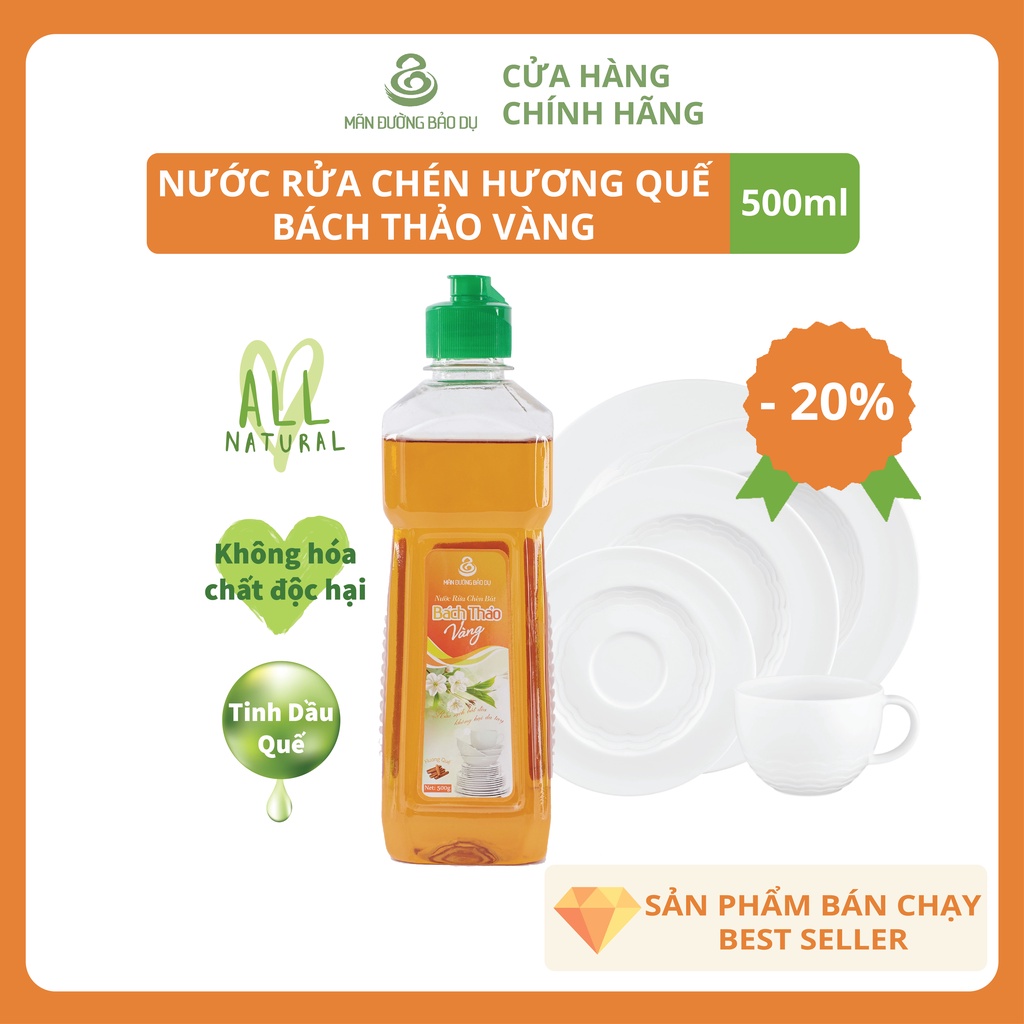 Nước Rửa Chén Hương Quế, Bách Thảo Vàng, Mãn Đường Bảo Dụ - Không Hại Da Tay, Chai 500ml