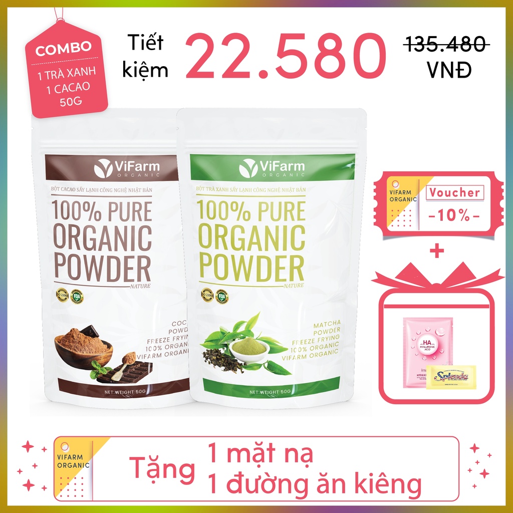 Bột matcha trà xanh VIFARM 50gram, bột làm bánh, đắp mặt, từ 100% trà xanh nguyên chất