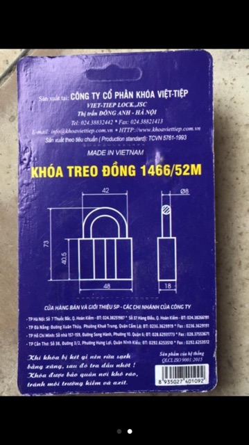 Khoá treo đồng Việt Tiệp 1466/52M cầu 8 ko bấm được ( hàng chính hãng )