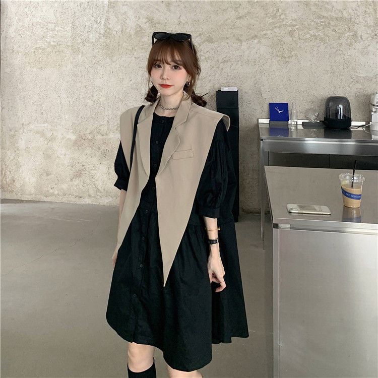 Đầm Búp Bê Một Mảnh Tay Lửng Dáng Rộng Cài Khuy + Áo Sơ Mi Dài Vừa Phải + Khăn Choàng Thời Trang Cho Nữ