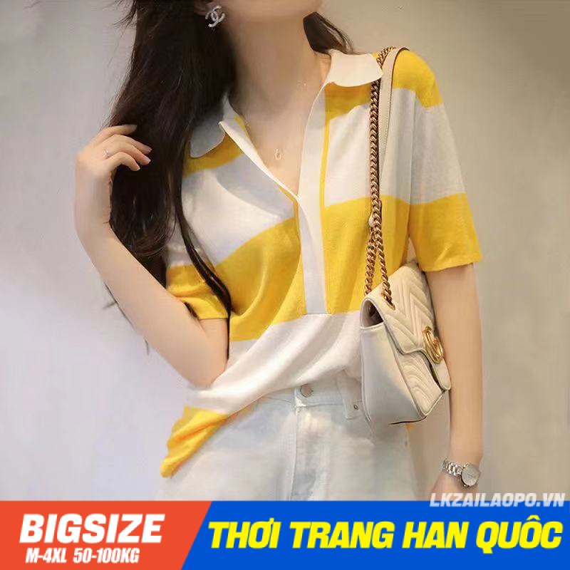 Áo thun nữ tay ngắn Bigsize Áo kẻ sọc kiểu form rộng lụa lạnh có cổ mùa hè Phong cách Hàn Quốc Thời Trang đẹp