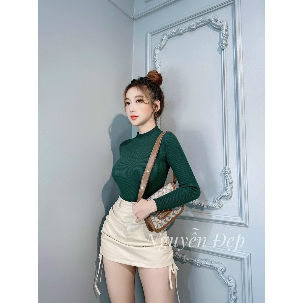 Áo len quảng châu cổ lọ 3p tay dài trơn ôm dáng basic LB65