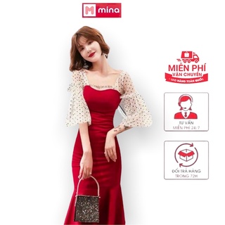 Váy đỏ dự tiệc dáng ôm body thiết kế phối lưới nhiều size từ 40-71kg