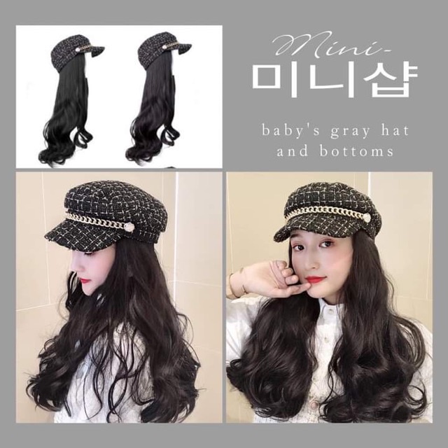 Bộ tóc giả dài uốn gơn sóng phối mũ lưỡi trai thời trang thu đông cho nữ