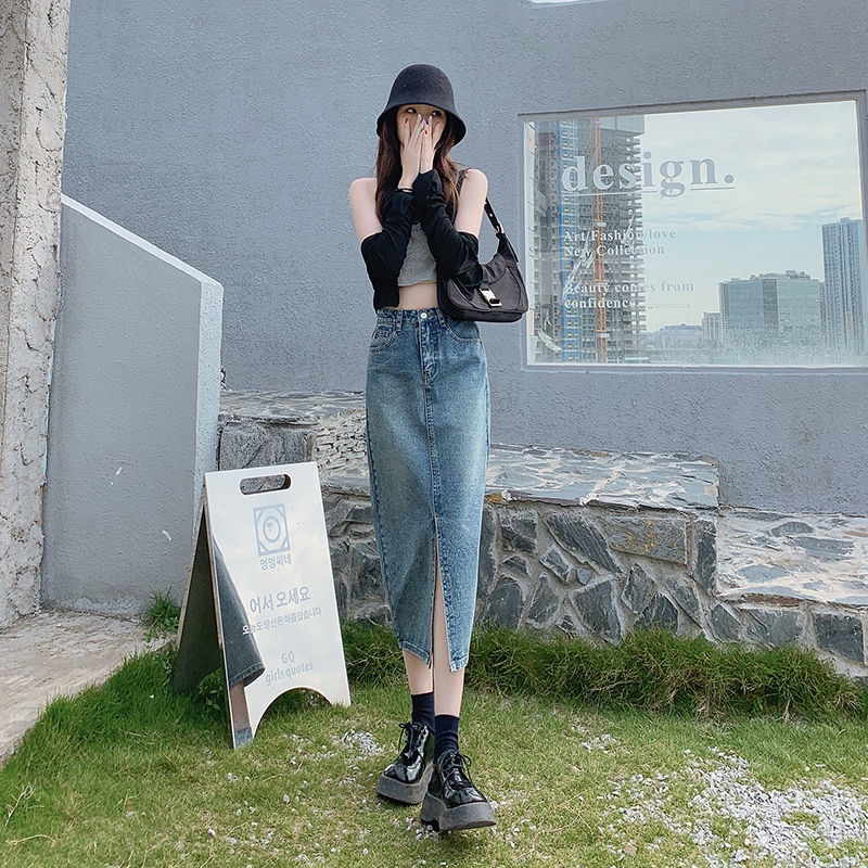 Chân váy jean SUXI dáng chữ A lưng cao đơn giản cho nữ