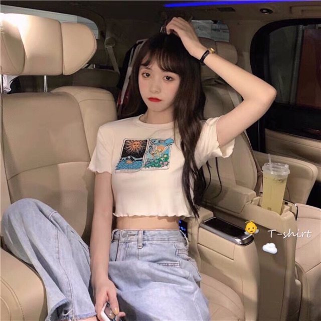 (Ảnh thật) Áo croptop ulzzang cuốn biên in hình