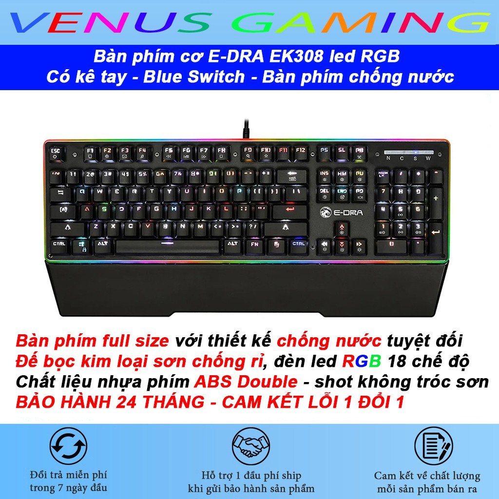 Bàn phím cơ Edra EK308 Led RGB - Kê tay - Blue switch - Led viền - Chống nước - BH 24 tháng [Chất lượng]