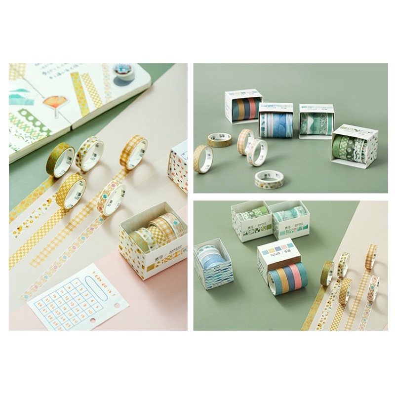 SET 5 CUỘN BĂNG DÁN WASHI TAPE TRANG TRÍ SỔ HOẠ TIẾT DỄ THƯƠNG