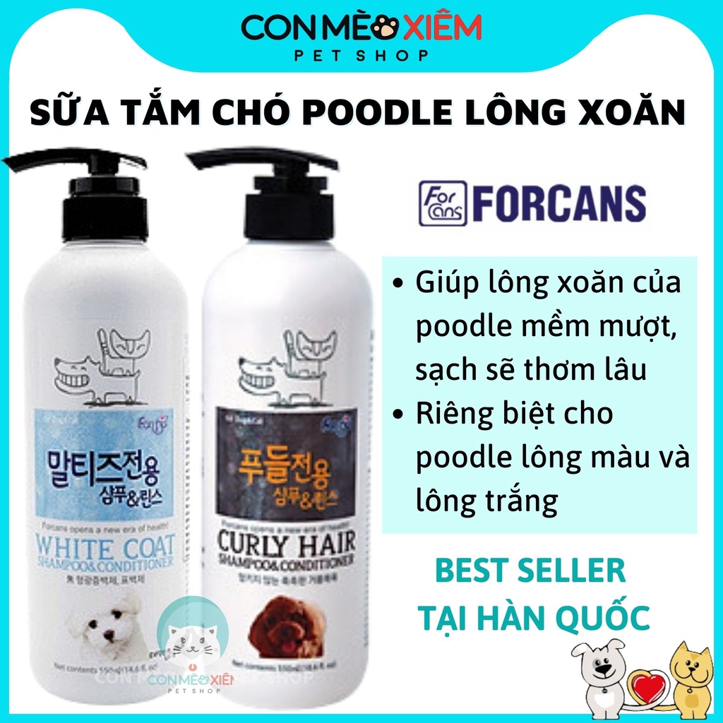 Sữa tắm cho chó poodle Forcans 550ml, xà phòng lông trắng gội xả tắm lông xoăn gỡ rối suôn mềm lông Con Mèo Xiêm