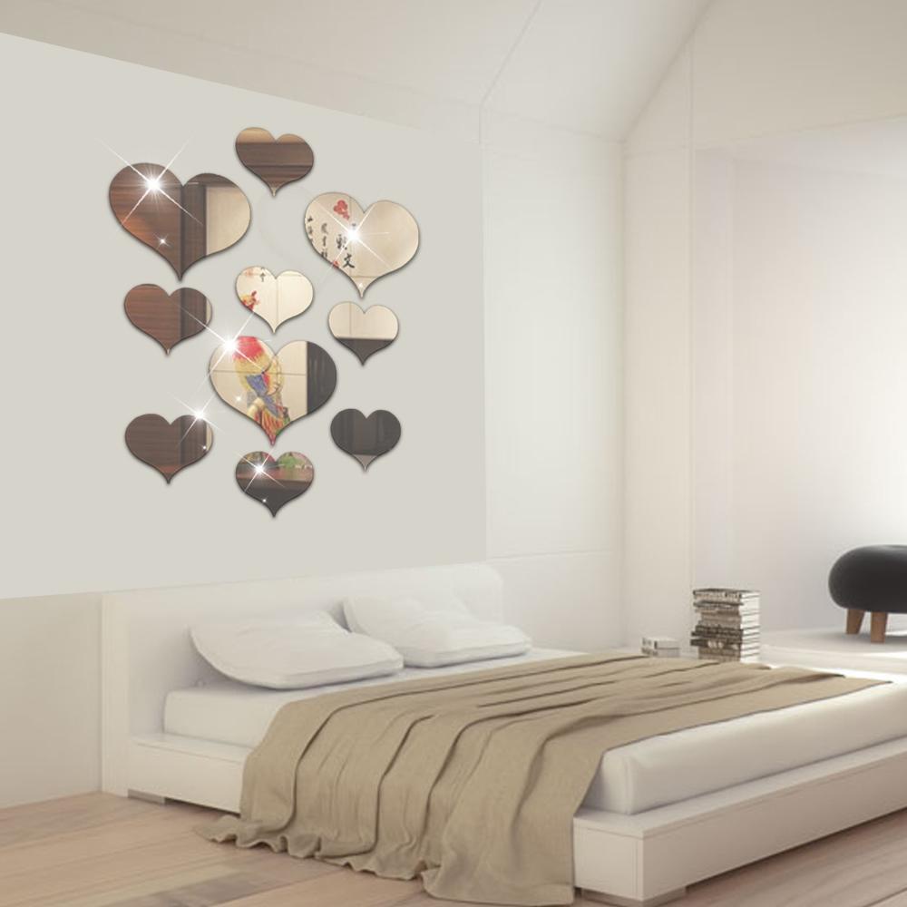 Bộ 10 Miếng Dán Tường Tráng Gương Hình Trái Tim 3D Độc Đáo