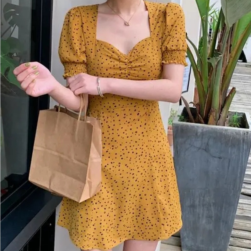 Đầm Hoa Cổ Vuông Tay Phồng Thời Trang Mùa Hè Kiểu Pháp Cổ Điển Mới Cho Nữ