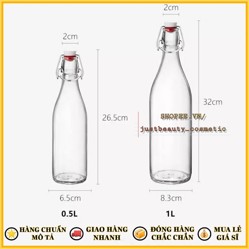 CHAI THỦY TINH có NẮP GÀI dáng Vuông/Tròn/Bầu kín hơi LỌ THỦY TINH nút CÀI nhựa kiểu Ý nhập khẩu 250ml 500ml 1L 1000ml
