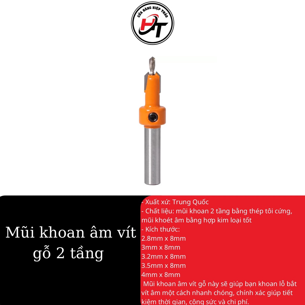 Mũi khoan âm vít gỗ 2 tầng mồi vít 3mm 4mm bộ cao cấp MKAV-CAM