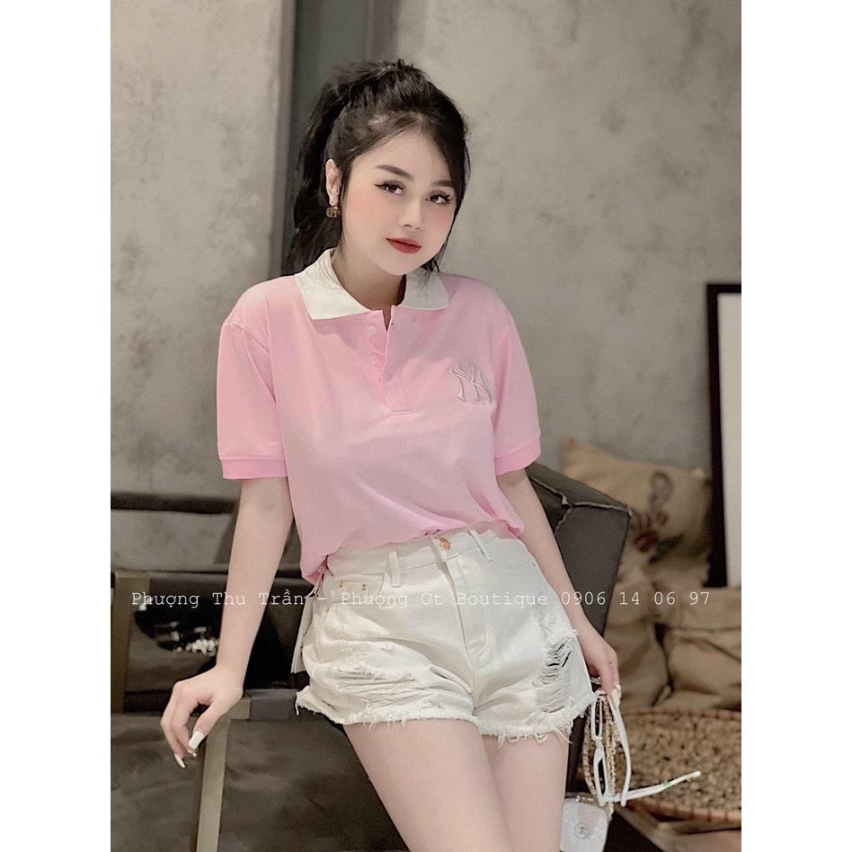 APN192 - ÁO POLO HỒNG CỔ TRẮNG THÊU NY CHO NỮ
