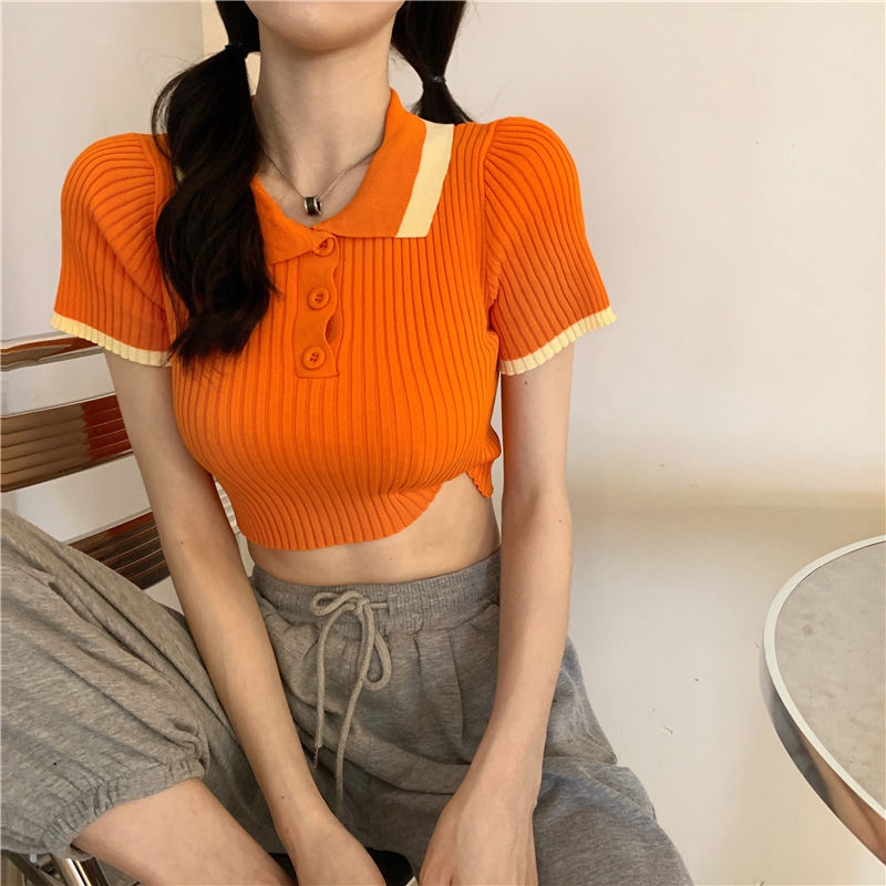 Áo Thun Croptop Dệt Kim Mỏng Tay Ngắn Cổ Polo Màu Sắc Tương Phản Đơn Giản Trẻ Trung | BigBuy360 - bigbuy360.vn