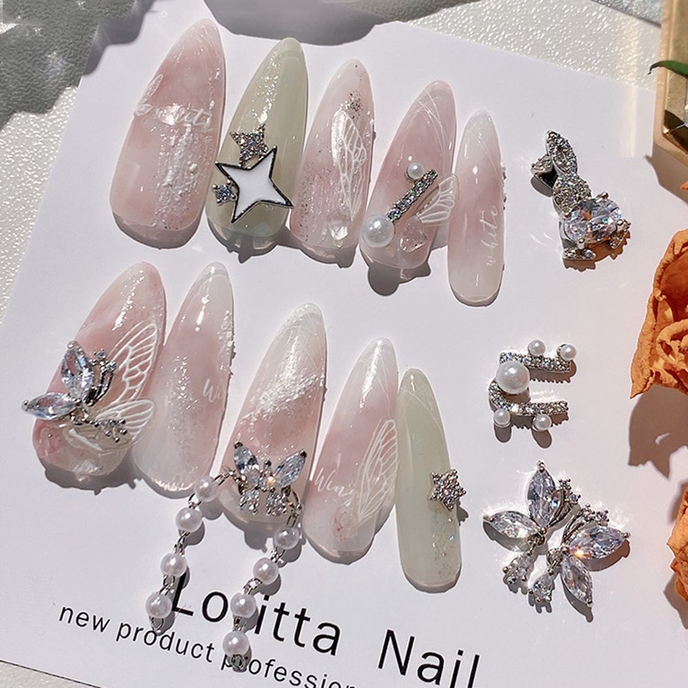 Hạt Phụ Kiện Trang Trí Móng Tay Thủ Công Bằng Đá Zircon Hình Bướm Thỏ Ngọc Trai 3D Cao Cấp
