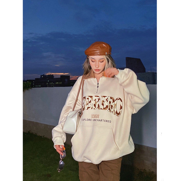 Áo sweater Tay Dài Có Khóa Kéo Có Túi Thêu Hình Kangaroo Kiểu hip-hop Cá Tính Dễ Phối Đồ