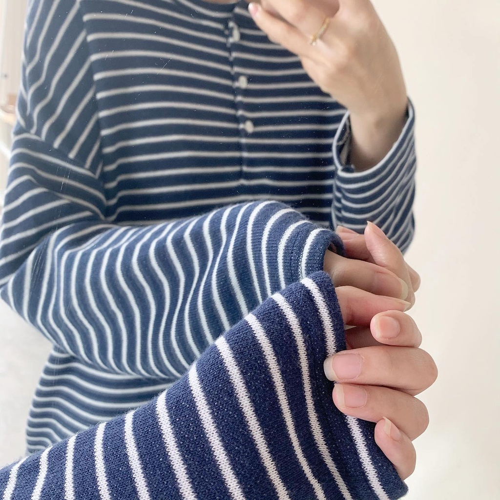 [Miều-SALE] Áo tay dài form rộng họa tiết sọc ATD Button