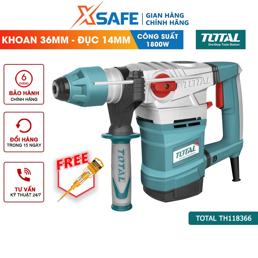 Máy khoan búa cầm tay TOTAL TH118366 1800W tốc độ 850rpm, tốc độ đập 4200bpm, khả năng khoan 36 mm/đục 14mm - xsafe
