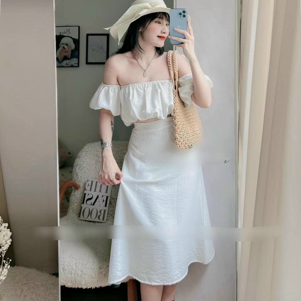 Set Váy Nữ Áo Croptop Trễ Vai Phối Chân Váy Chất Liệu Đũi Nhăn Nhẹ Nhàng, Set Bộ Đi Chơi Thiết Kế Kiểu Dáng Hiện Đại Mp