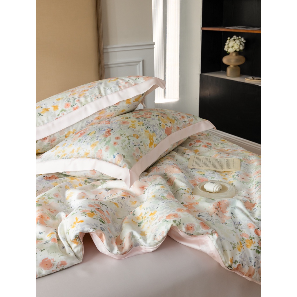 Bộ chăn ga gối 100%Tencel 60s 5 món, họa tiết Hoa hồng Pháp màu sắc tươi sáng và sang trọng, chất liệu mềm mịn mát