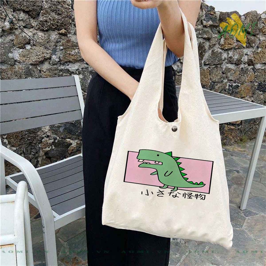 TOTE CANVAS KHỦNG LONG CUTE FORM TRÒN TÚI VẢI ĐEO VAI BAG NÚT BẤM SIZE LỚN AOMIVN DU LỊCH  MÀU ĐEN TRẮNG