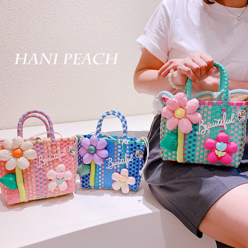 Hàng Mới Về Mới Giỏ Xách Đan Lát Thêu Hoa Tulip Phong Cách Hàn Quốc
