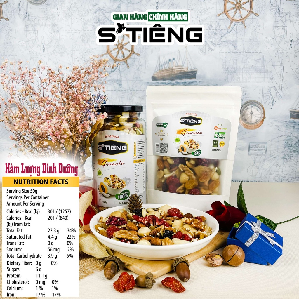 500Gr GRANOLA 13 Loại Siêu Hạt &amp; Quả Sấy STIENG, Hạt Dinh Dưỡng Ngủ Cốc Ăn Kiêng, Dâu Tây, Óc Chó Đỏ, Macca, Hạt Điều