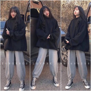 Set Nỉ Bông Ngoại Basic Nữ :cherry_blossom: Bộ quần jogger bo ống xám áo hoodie trơn đen tay bồng rút dây unisex ULLZANG