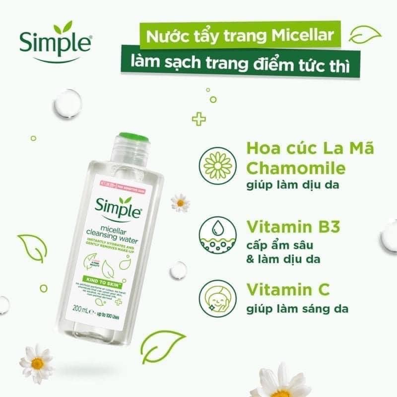 Nước tẩy trang Simple Micellar dịu nhẹ làm sạch trang điểm vượt trội 200ml